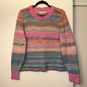 LOFT Large Abstract Colorful Crewneck Cottage Womens Sweater Pink Green Blue